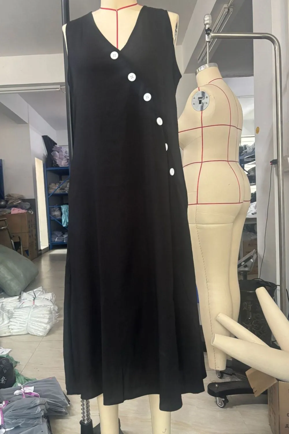 Drape Button Front Sleeveless Midi Dress