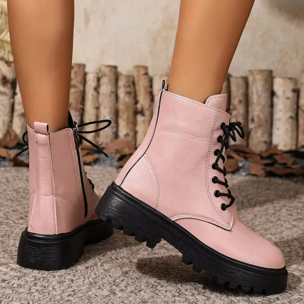 Textured Lace-Up Ankle Combat Boots