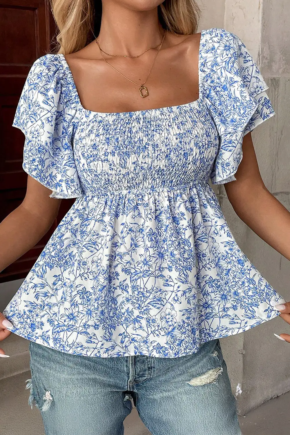 Sky Blue Floral Print Square Neck Ruffled Sleeve Shirred Babydoll Blouse