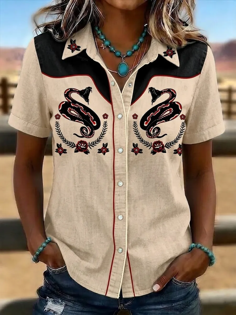 Women'S Retro Western-Style Print Short-Sleeved Shirt