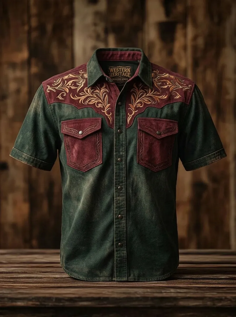 Men's Western Cowboy Floral Embroidery Printed Shirt
