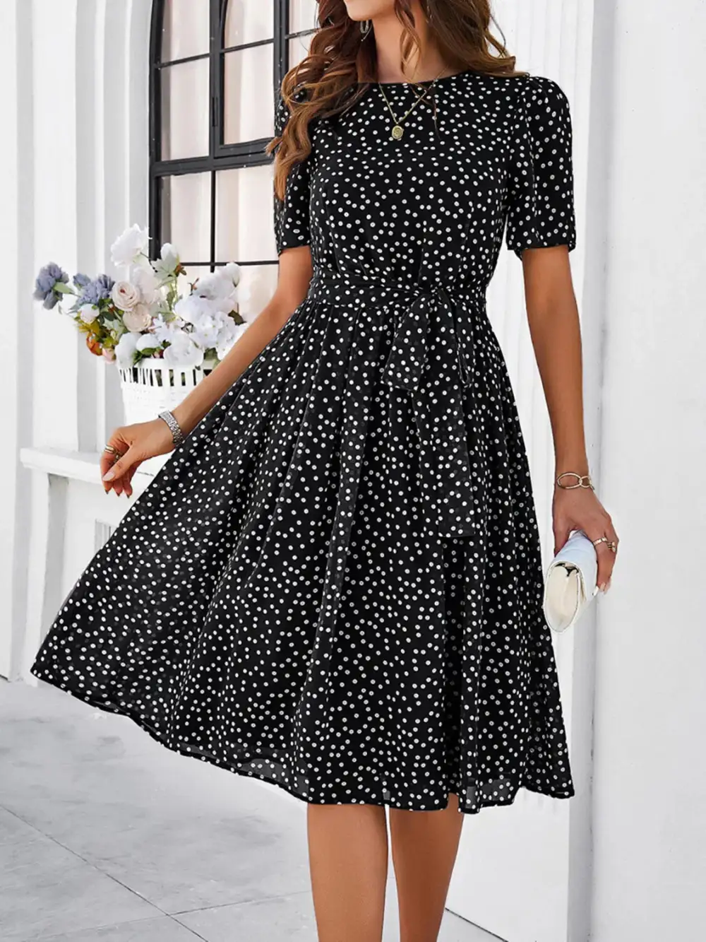 Printed Round Neck Short Sleeve Casual Dress