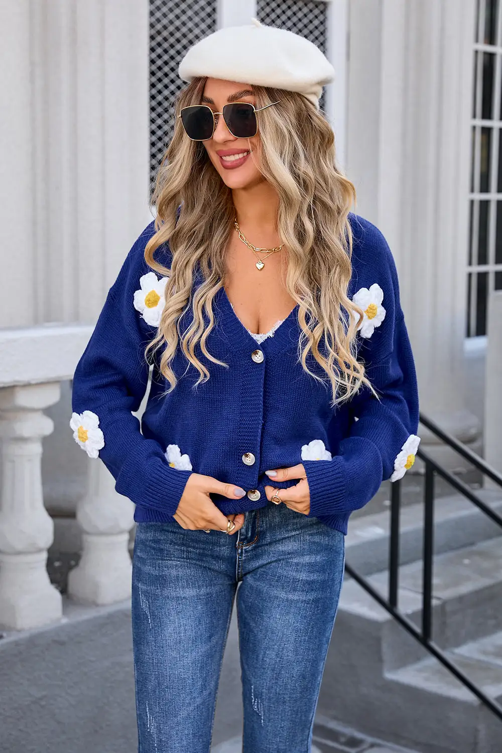 Button Cardigan Flower Sweater Coat