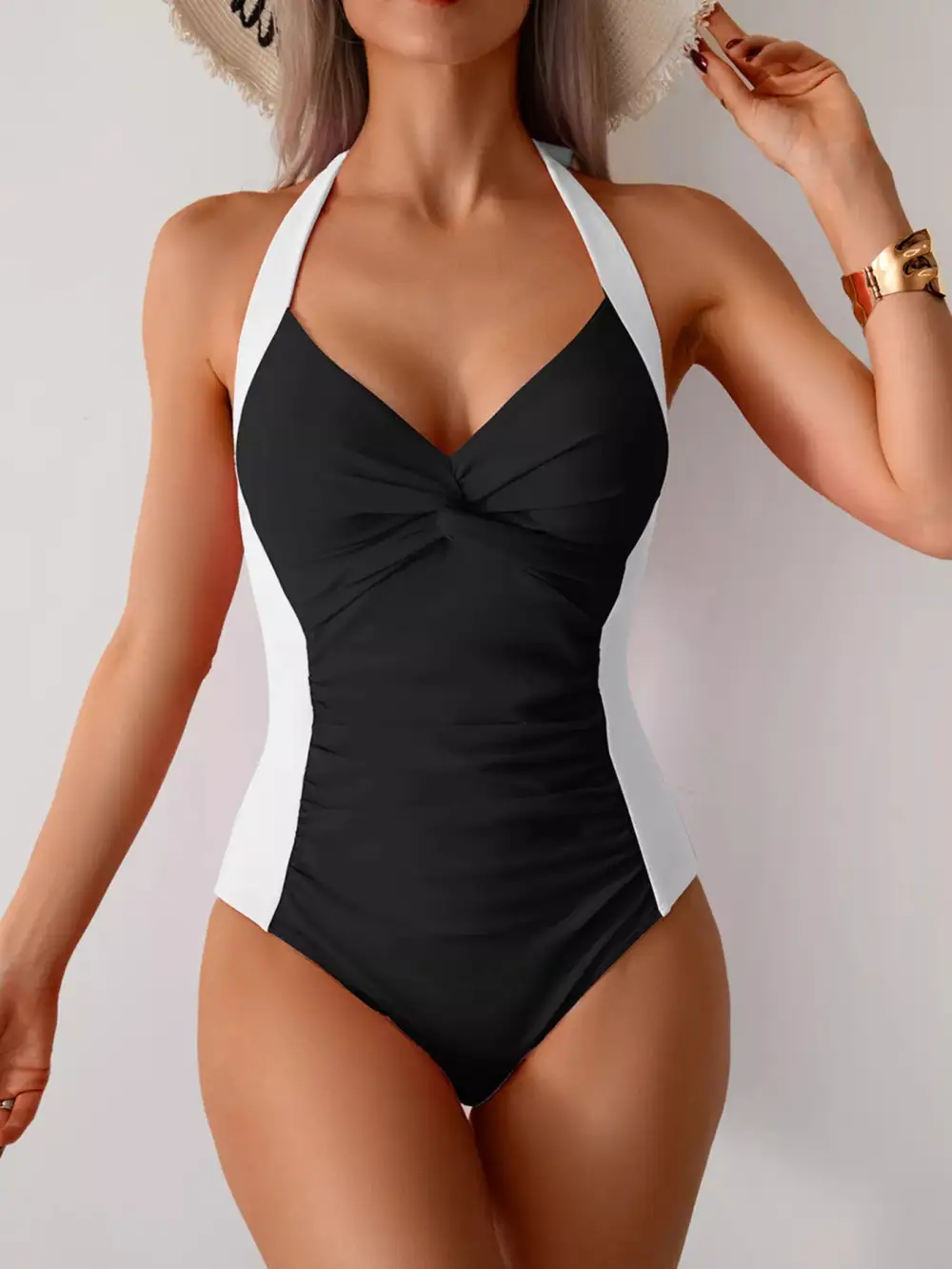 Ruched Halter One Piece Swimsuit