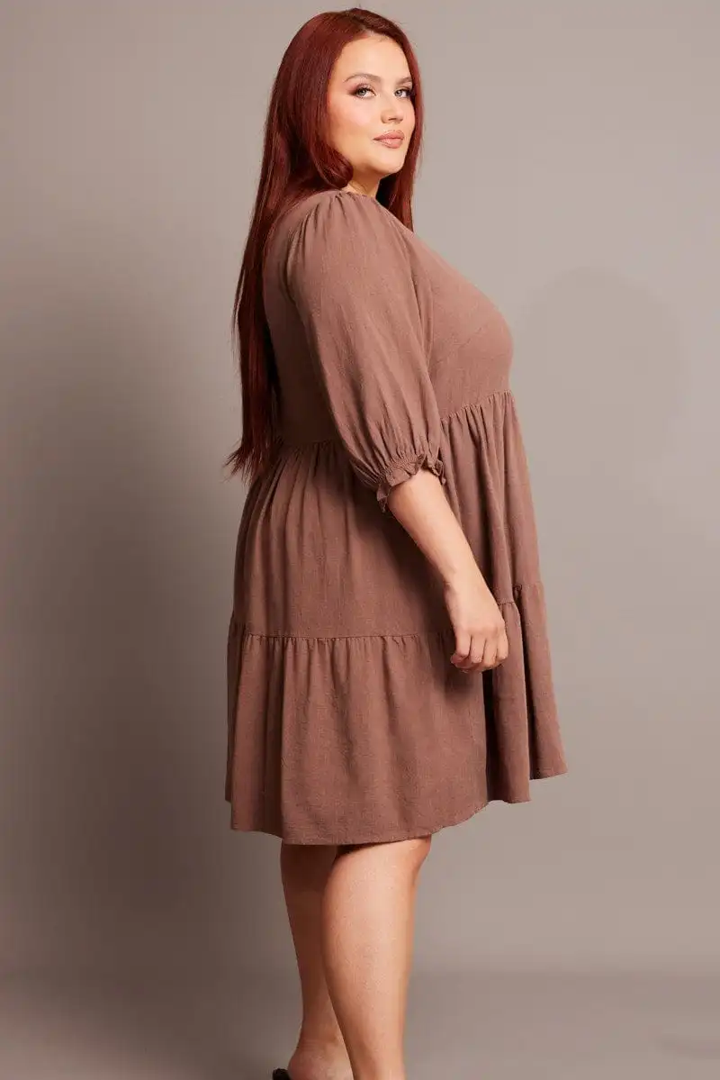 Brown V Neck Button Through Linen Blend Minidress