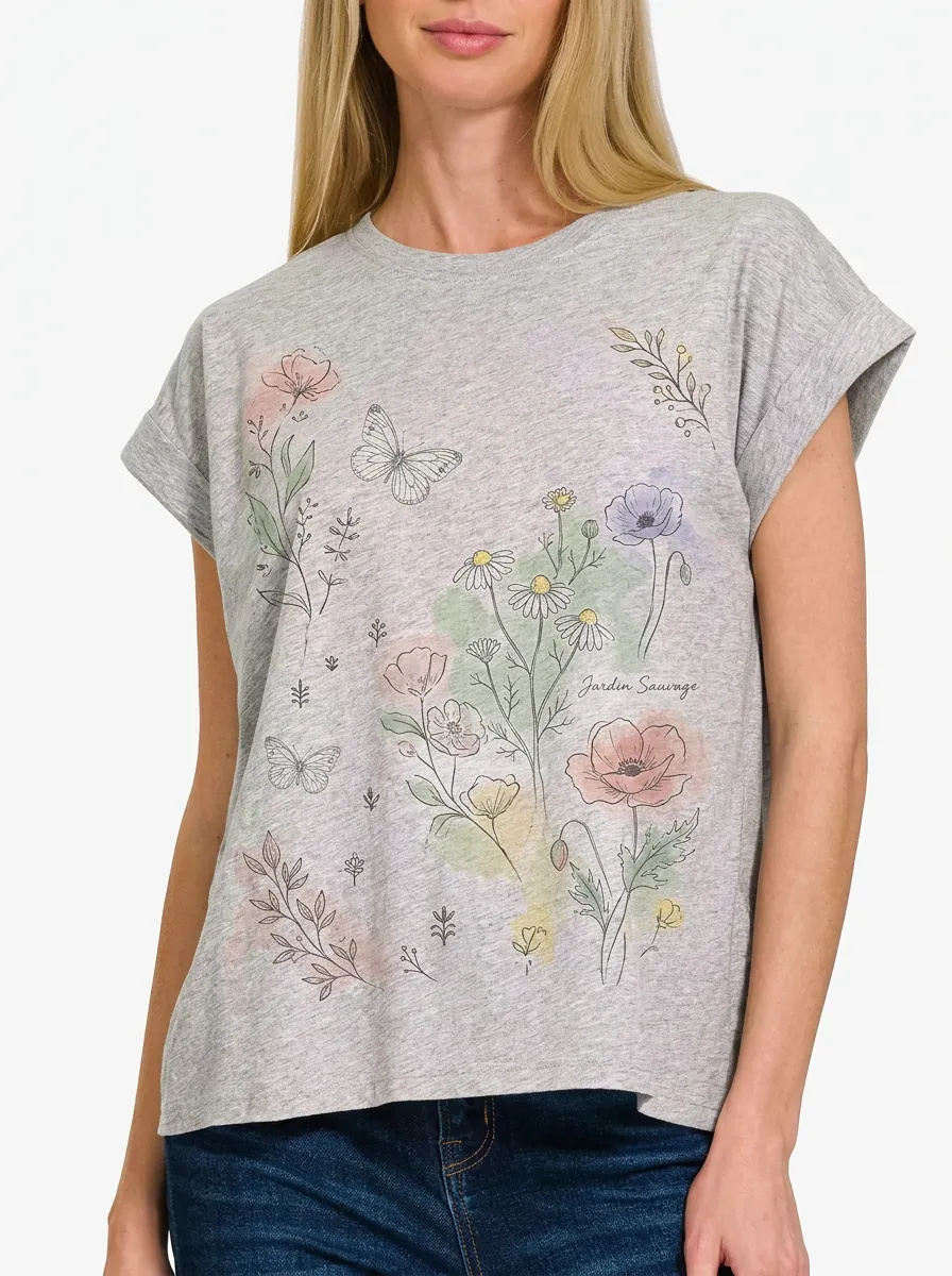 Women's Botanical Butterfly Floral Watercolor Printed T-shirt
