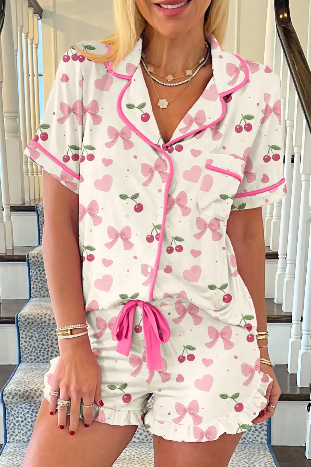 Cozy Bow Print Contrast Piping Short Pajama Set