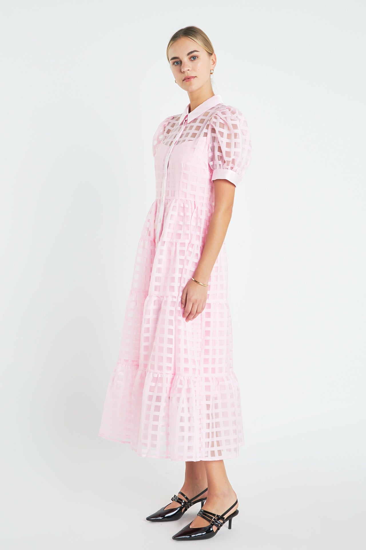 Gridded Organza Tiered Maxi Dress