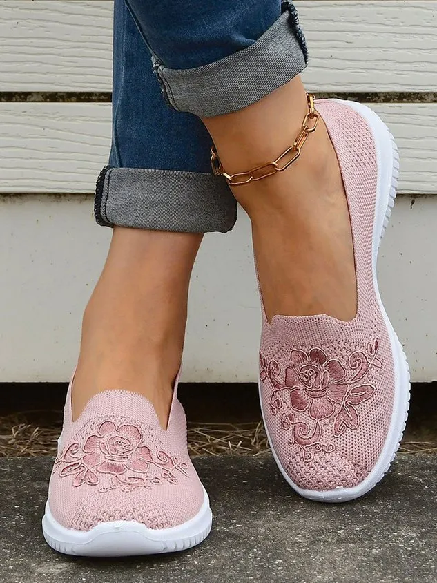 Sports Floral Breathable Slip On Flat Heel Fly Woven Shoes Embroidery