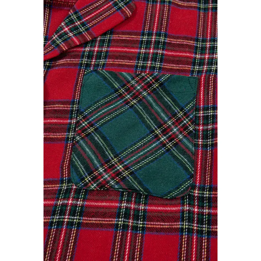 Plaid Contrast Patched Christmas Holiday Long Sleeve Shirt and Short Pcs Pajama Set