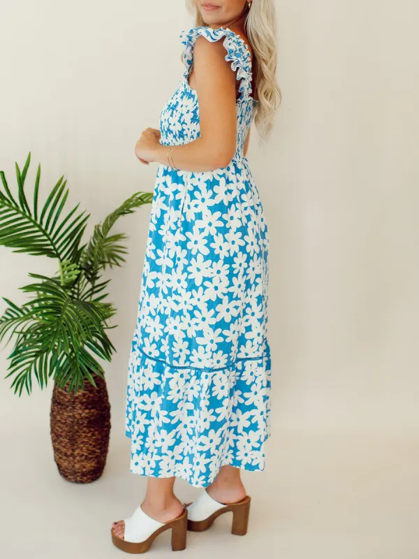 Blue floral pleated mid length dress