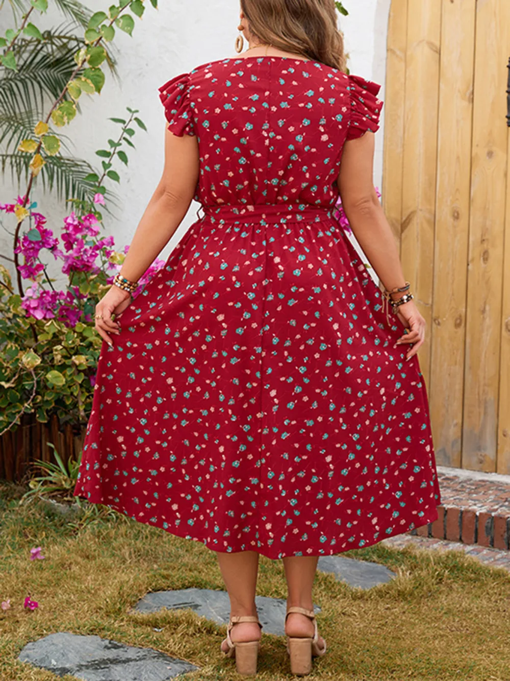 New Red Print Large Size Temperament Dress Lace Short Sleeved