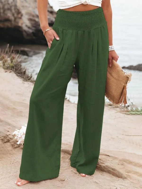 Casual Plain Natural Long Elastic Band Scramble Wide Leg Pants