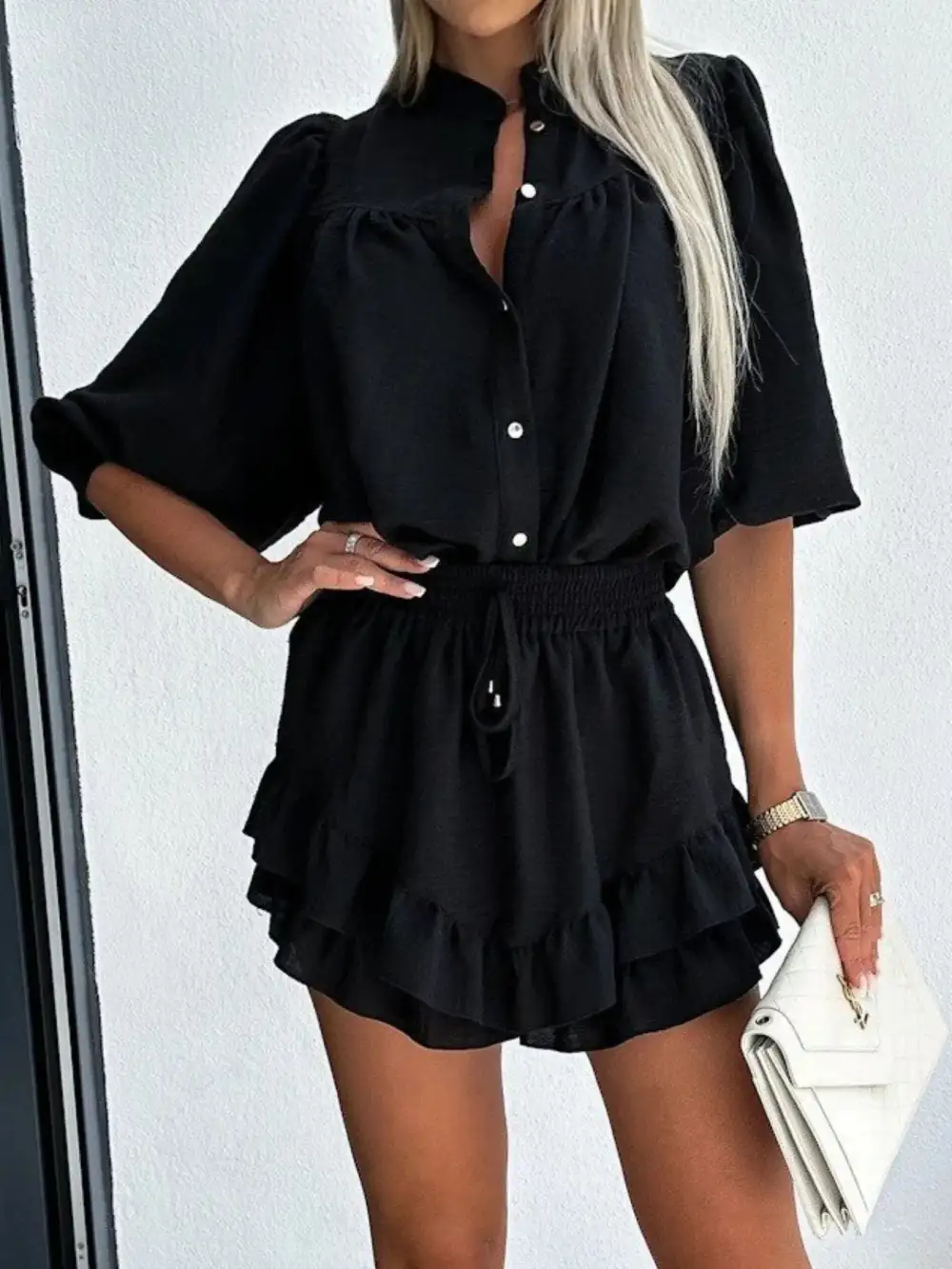 Airy Button Front Ruffle Trim Coordinated Set