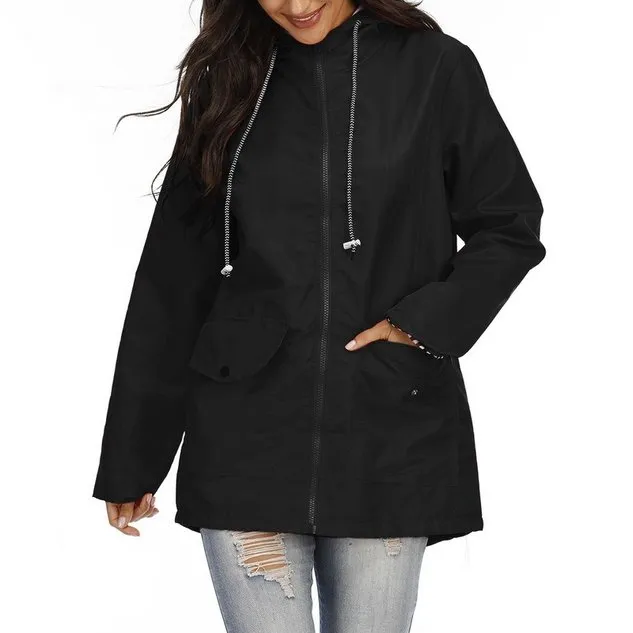 Plain Waterproof Windproof Long Sleeve Casual Hoodie Trench Coat