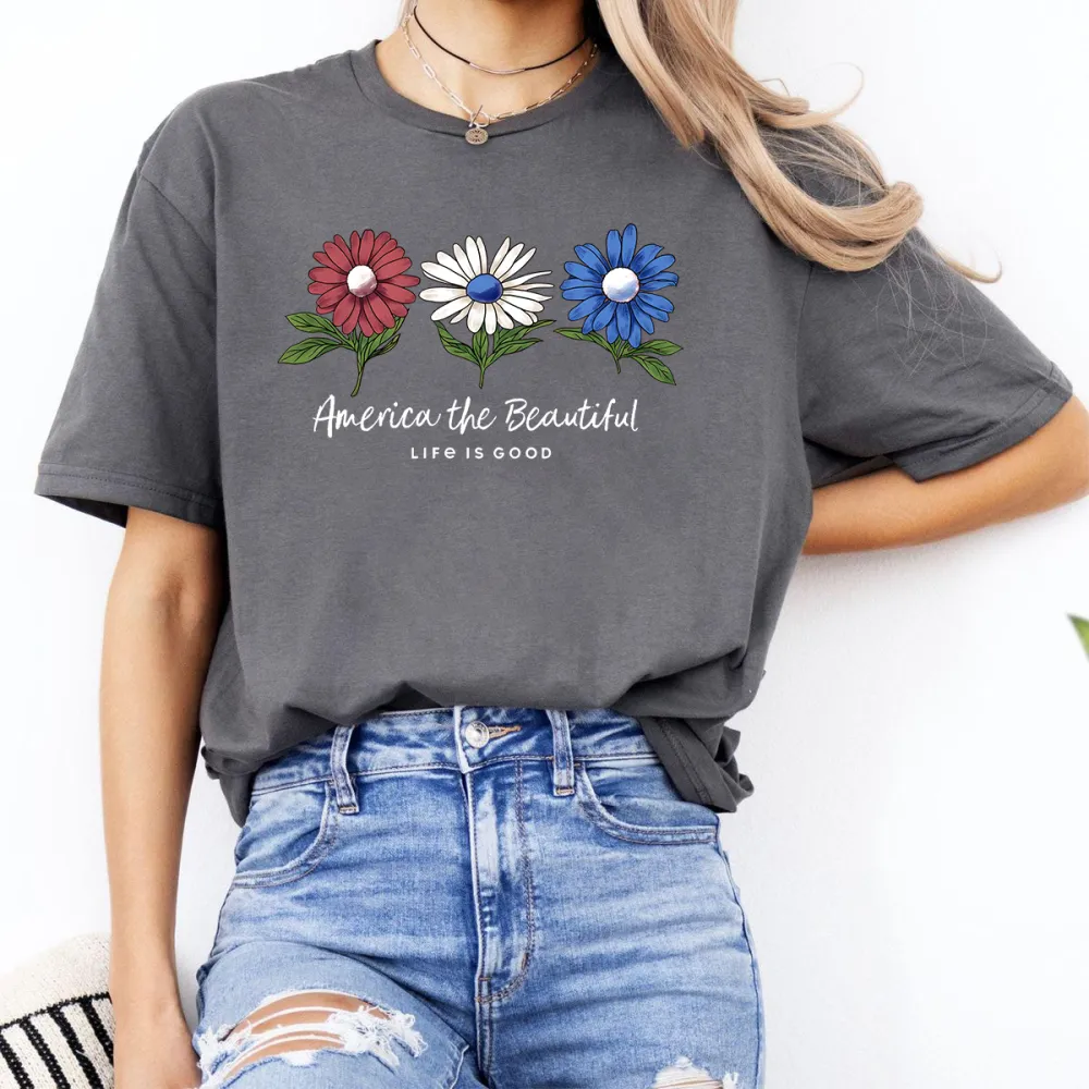 Slogans And Three Daisy Patterns, In Red, White And Blue Casual T-Shirt