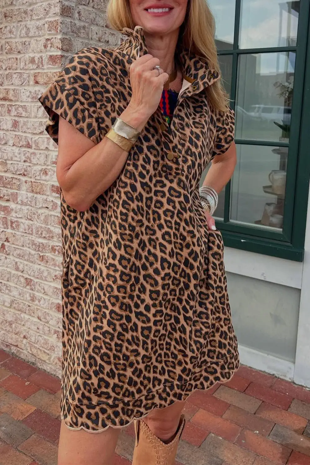 Buttoned Collared Sleeve Leopard Casual Dress