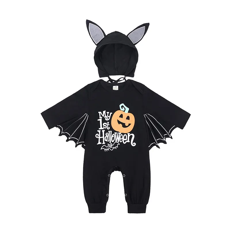 Halloween Skeleton Print Baby Romper Bat Costume Pumpkin Onesie with Hat