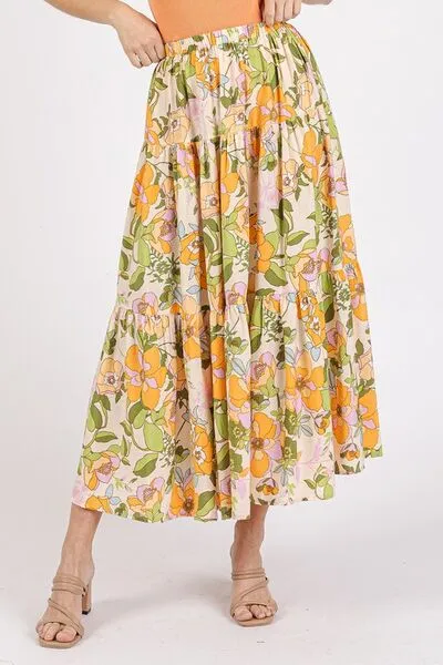 Flower Print Elastic Waist Skirt