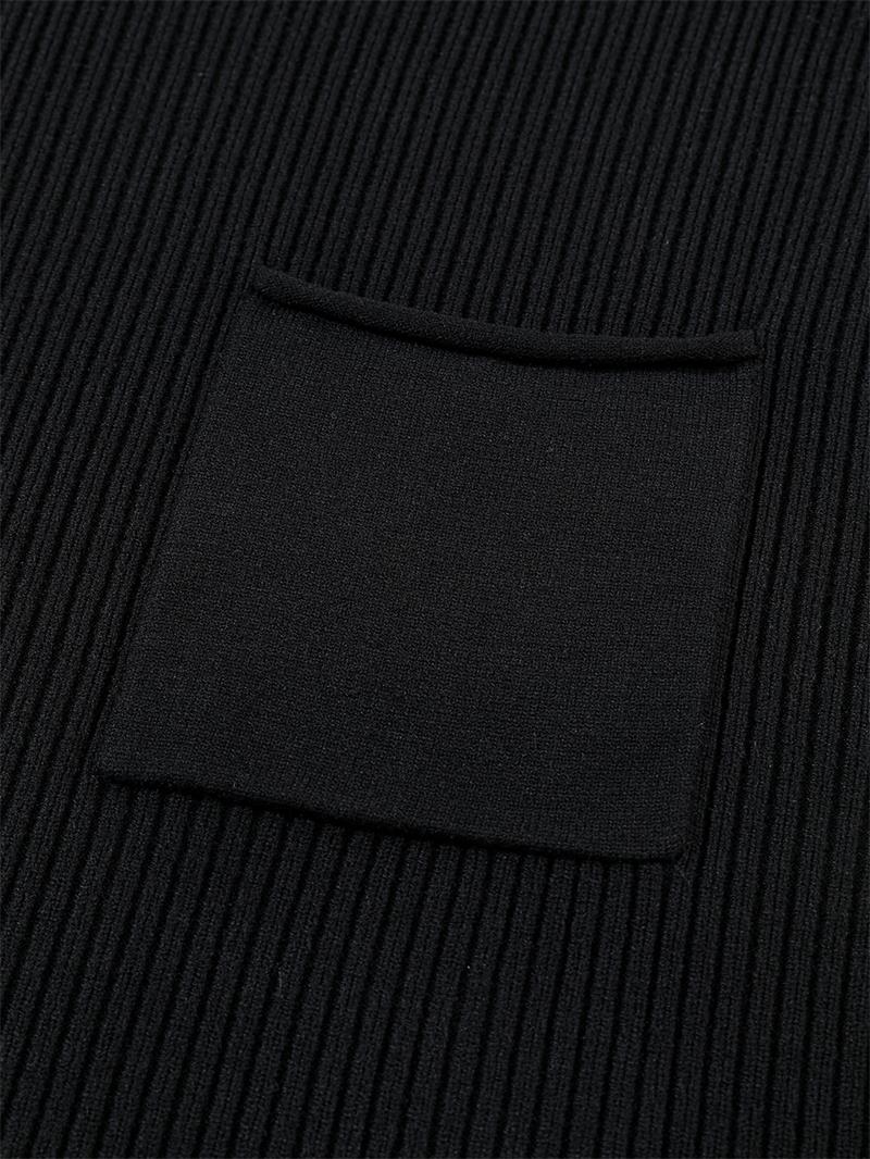 Black Patch Pocket Ribbed Knit Short Sleeve Sweater