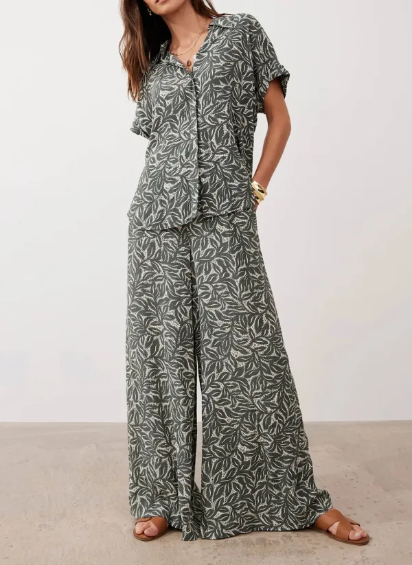Casual Style Green Leaf Print Wide Trousers