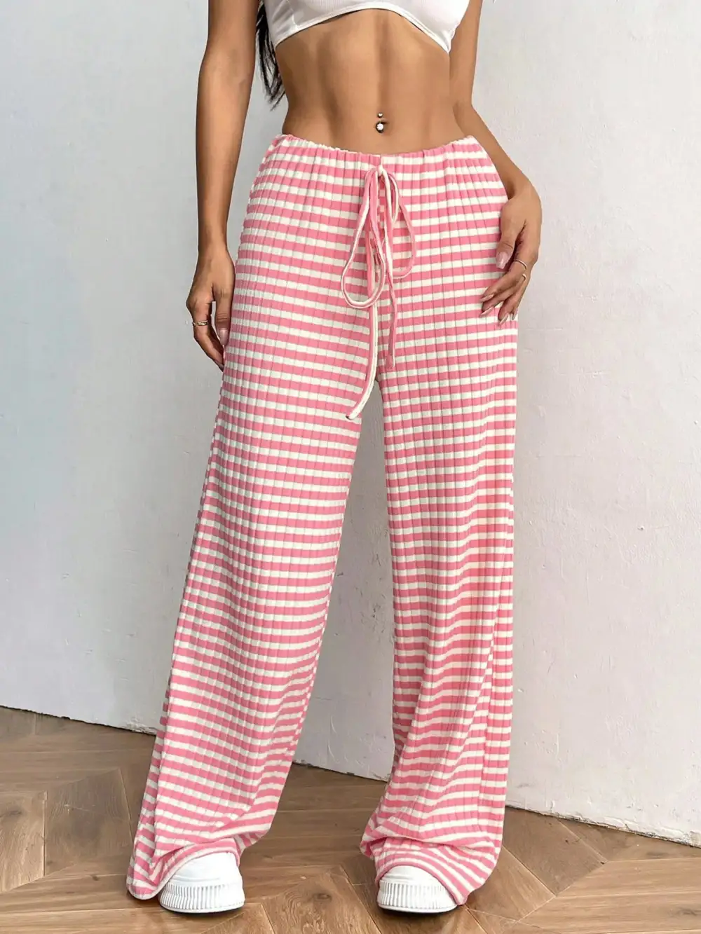Relaxed Striped Wide Leg Drawstring Pants
