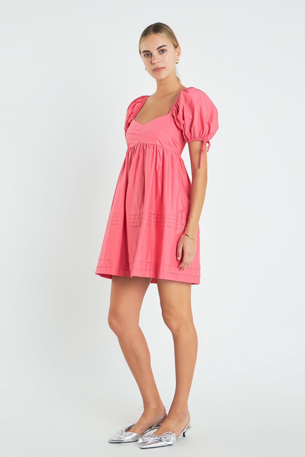 Pleated Detail Puff Sleeve Mini Dress