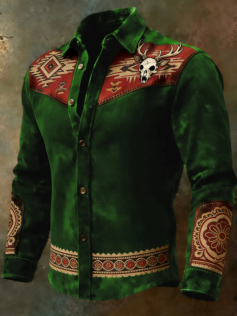 Men's Distressed Western Deer Skull & Aztec Pattern Long Sleeve Shirt