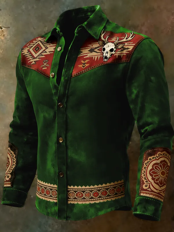 Men's Distressed Western Deer Skull & Aztec Pattern Long Sleeve Shirt