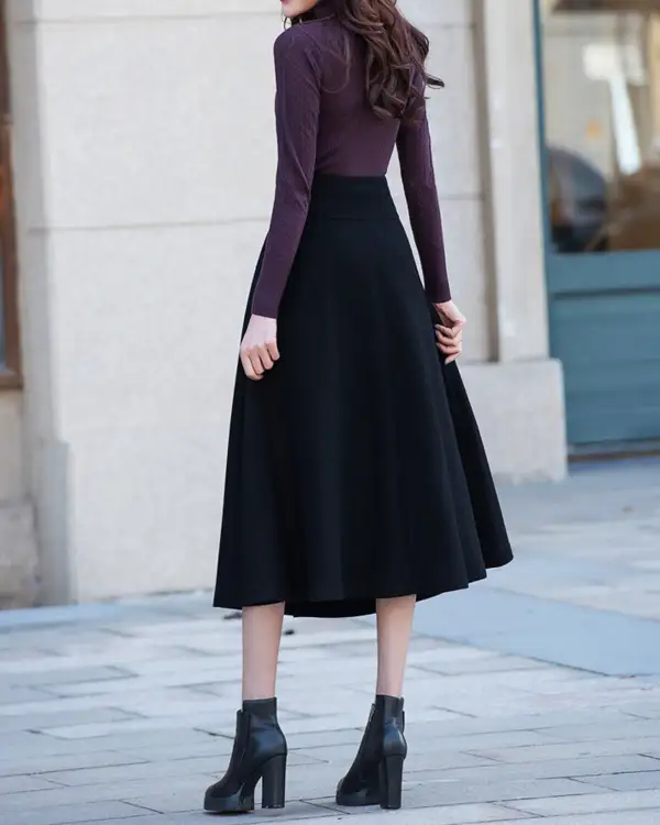 Soft Pleated Wool Flared Midi Skirt