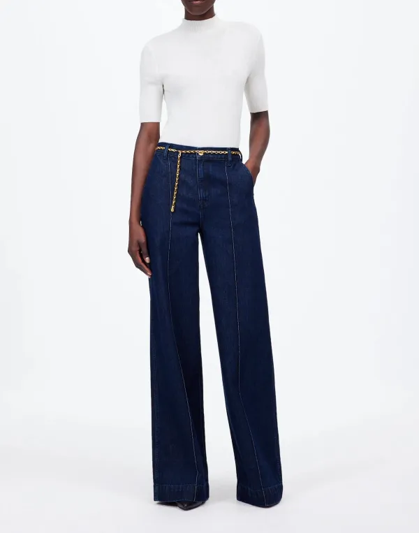 Dark Blue Seamed Straight Leg Tailored Pants