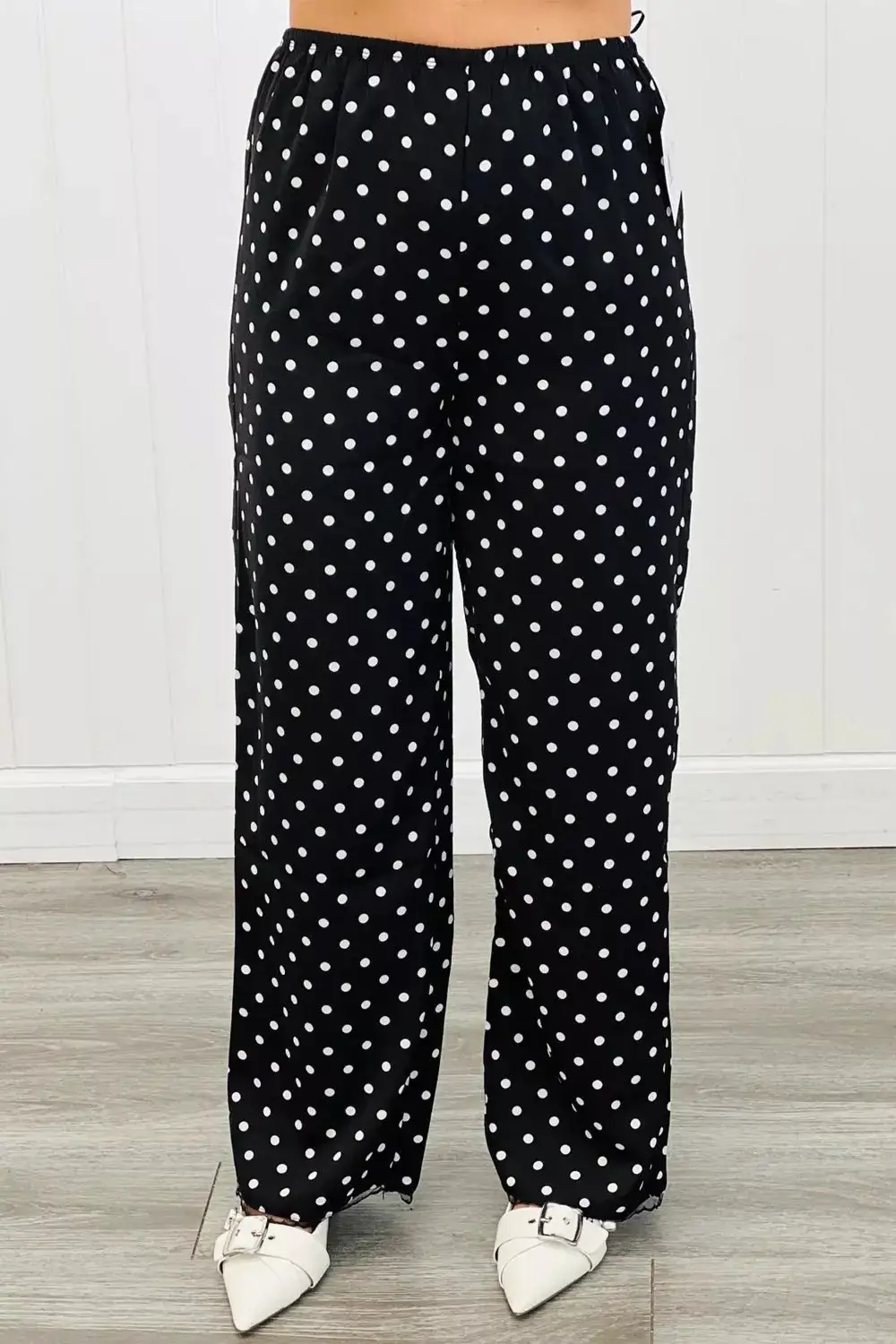 Polka Dot Print Elastic Waist Lace Hem Loose Pants