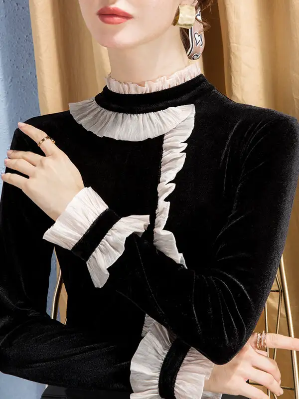 Long Sleeve Ruffle Sleeve Asymmetric Contrast Panel Detail Half Turtleneck T-Shirt