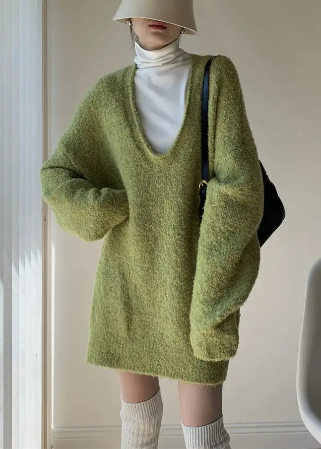 Loose Green Sweaters And Turtleneck Tank Knit Two Piece Set Winter