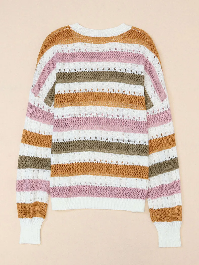 Multicolor Striped Hollowed Knitted Loose Sweater