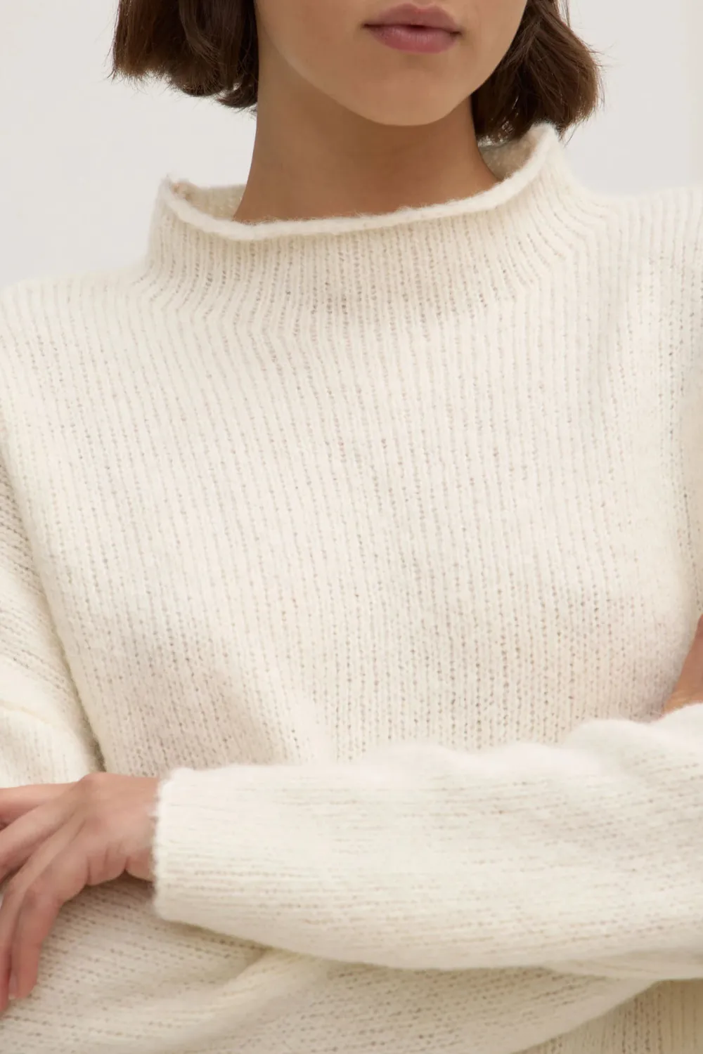 Loose Knit Sweater With Shoulder Drop And Stand Up Collar