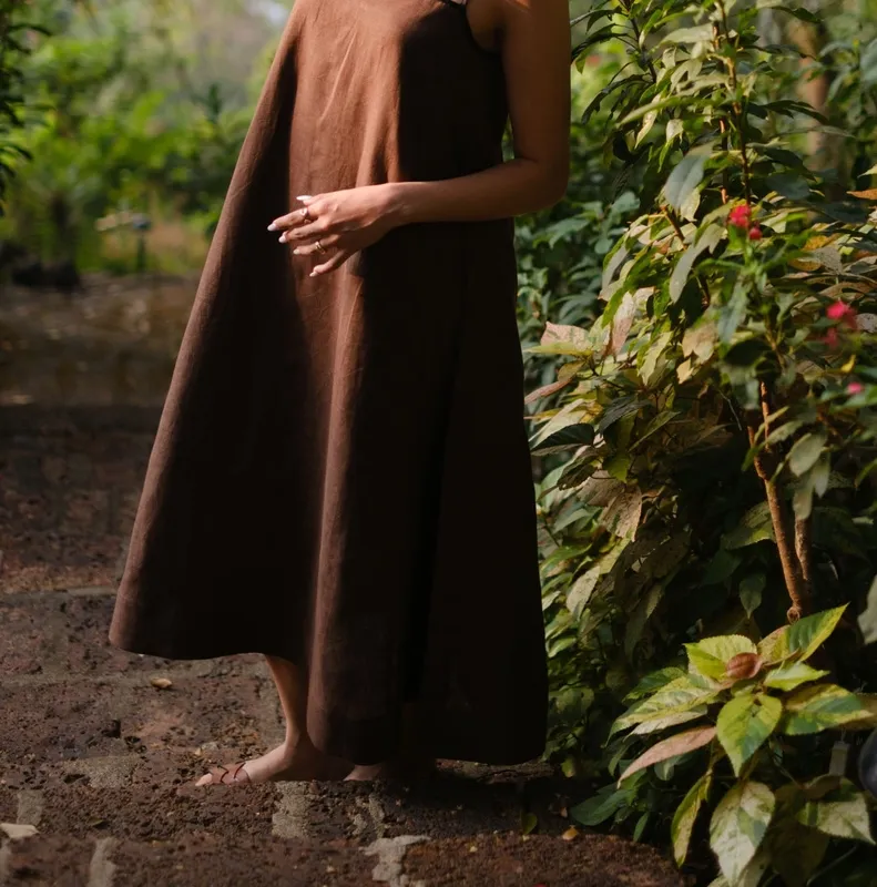 Walnut Brown Linen Flowy Maxi Dress