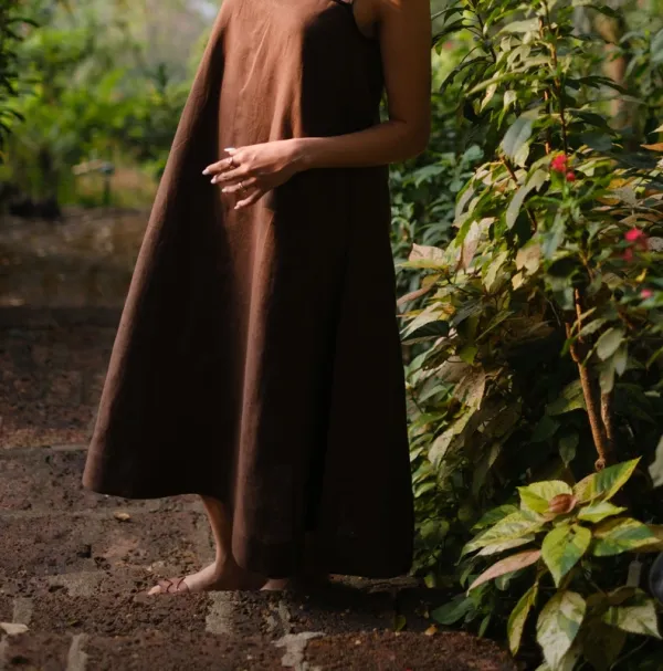 Walnut Brown Linen Flowy Maxi Dress