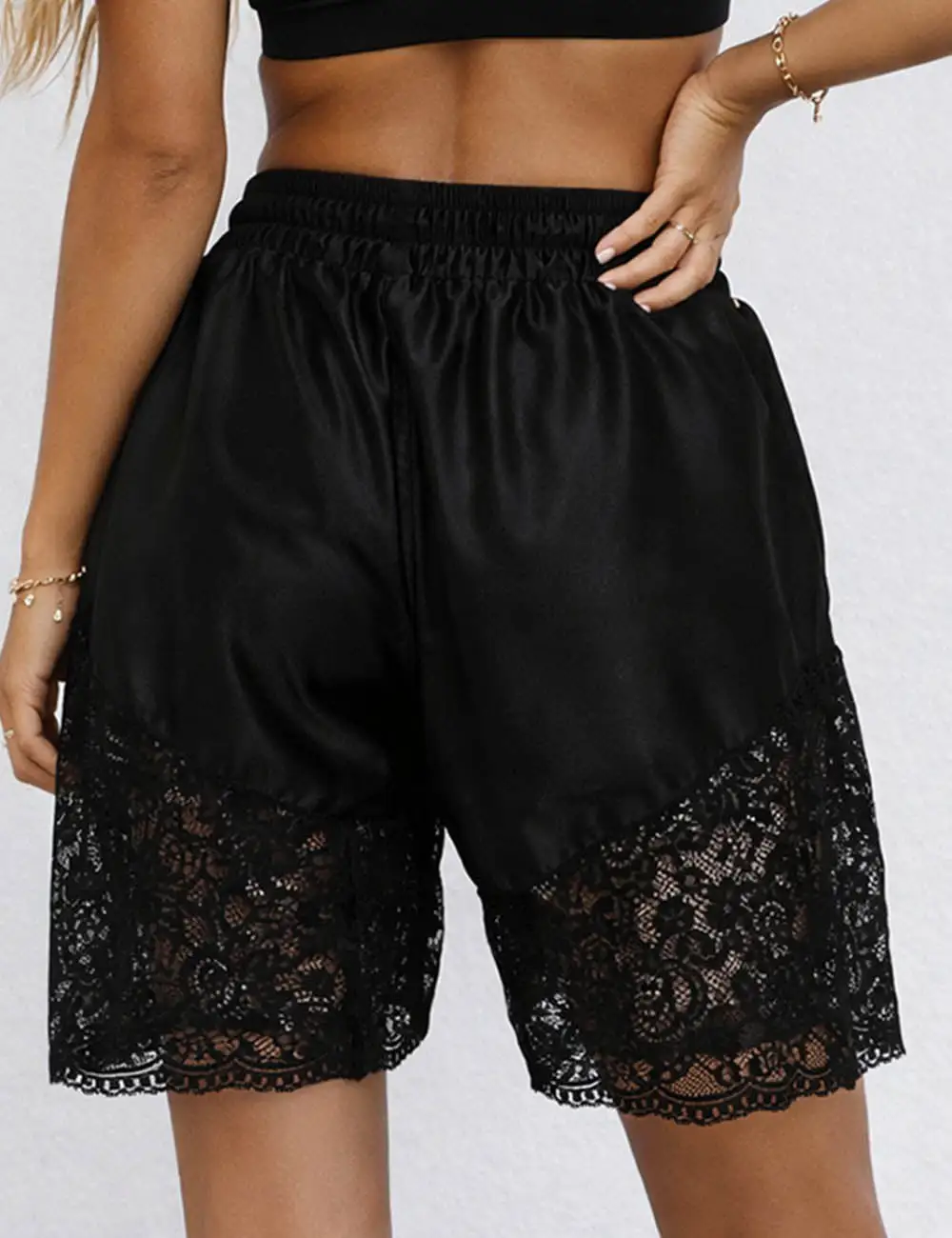 Lace Panel Drawstring Wide Leg Shorts