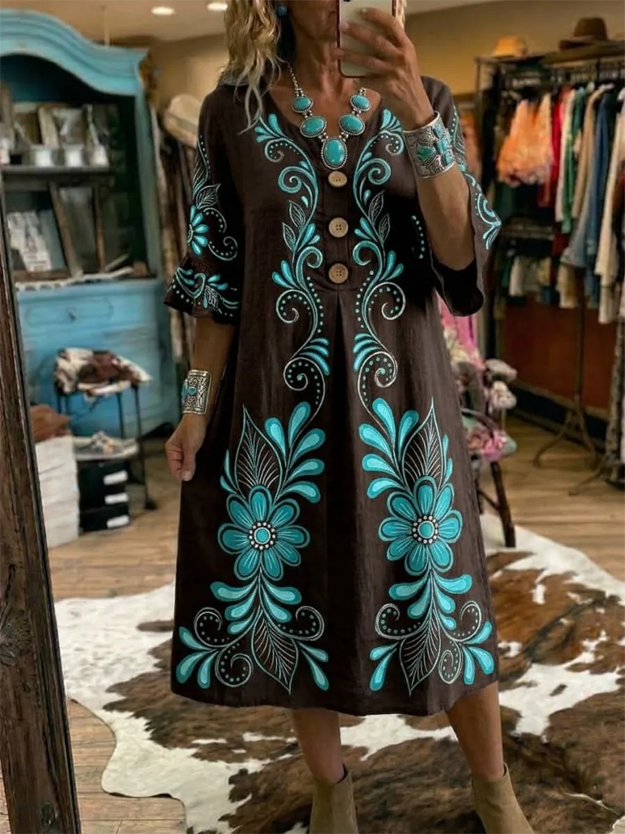 Women's Vintage Art Print Casual V-Neck Ruffle Button Dress