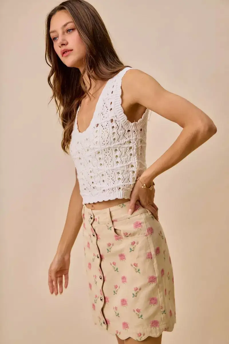 Button Front Cotton Blend Skirt