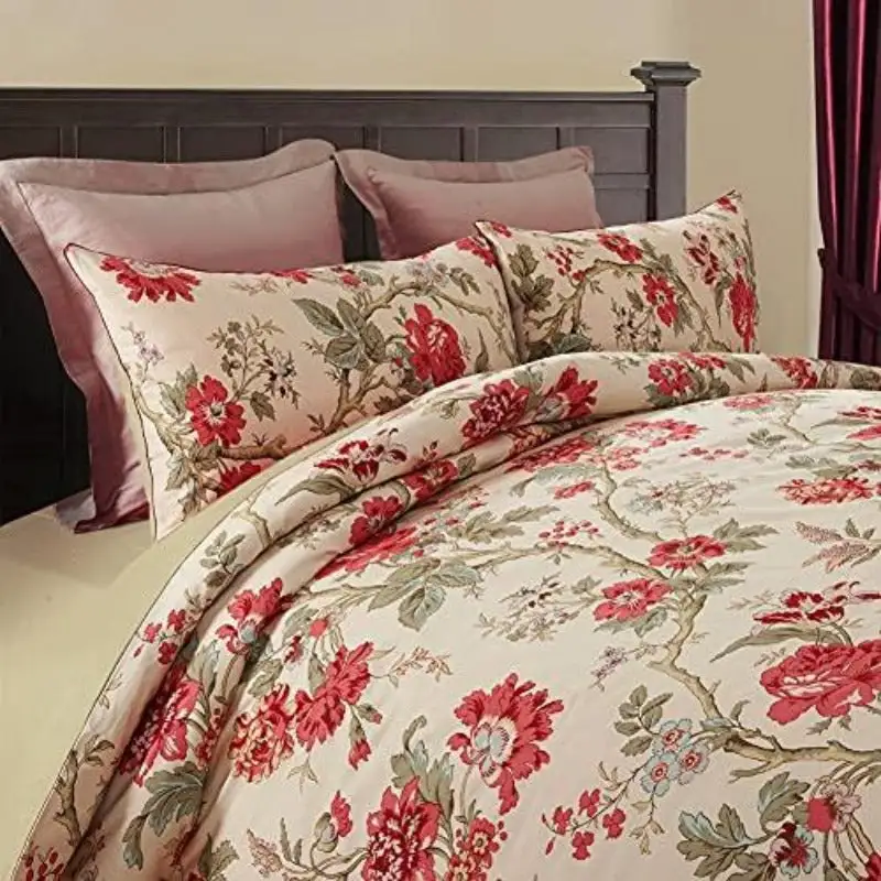 Garden Style 3 Pieces Red Flower Leaf Pattern Duvet Cover Set Cotton Reversible Comforter Cover Set Easy Care, Soft, Durable