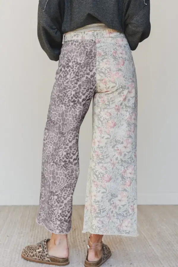 Raw Hem Leopard Floral Multicolour Retro Jeans