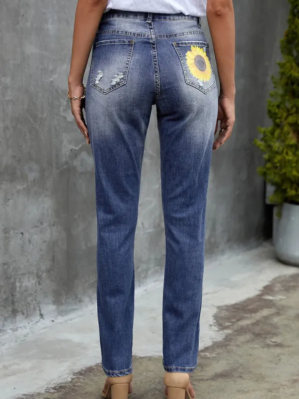 Vintage Sunflower Print Patchwork Ripped Jeans