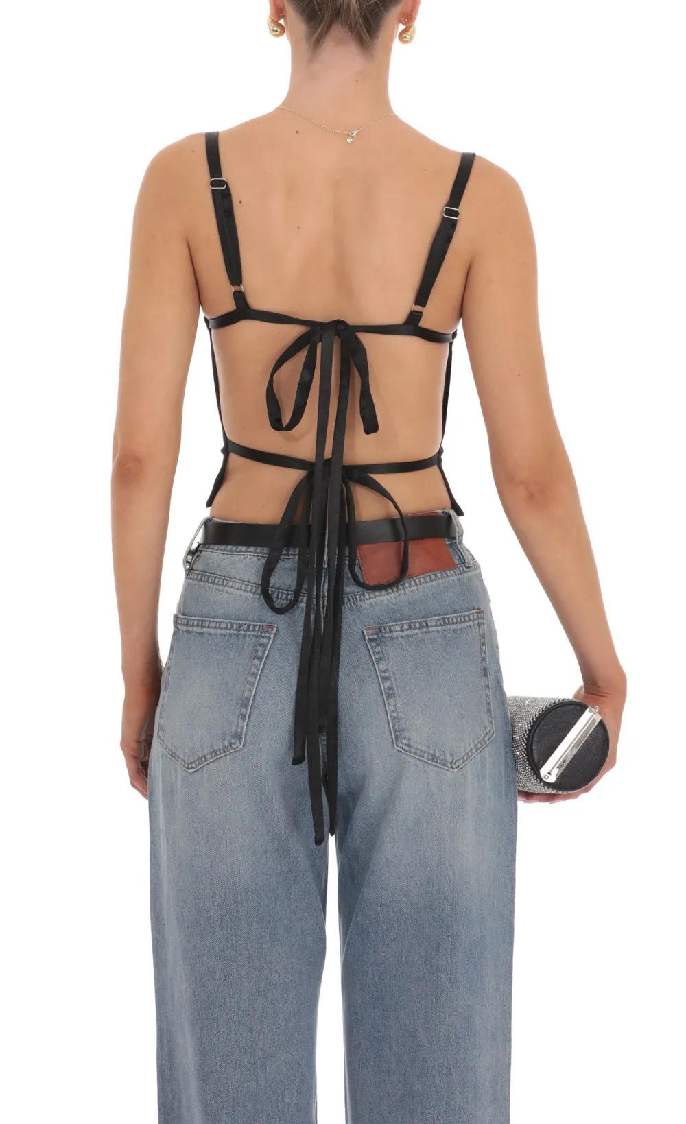 Satin Open Back Tie Top in Black