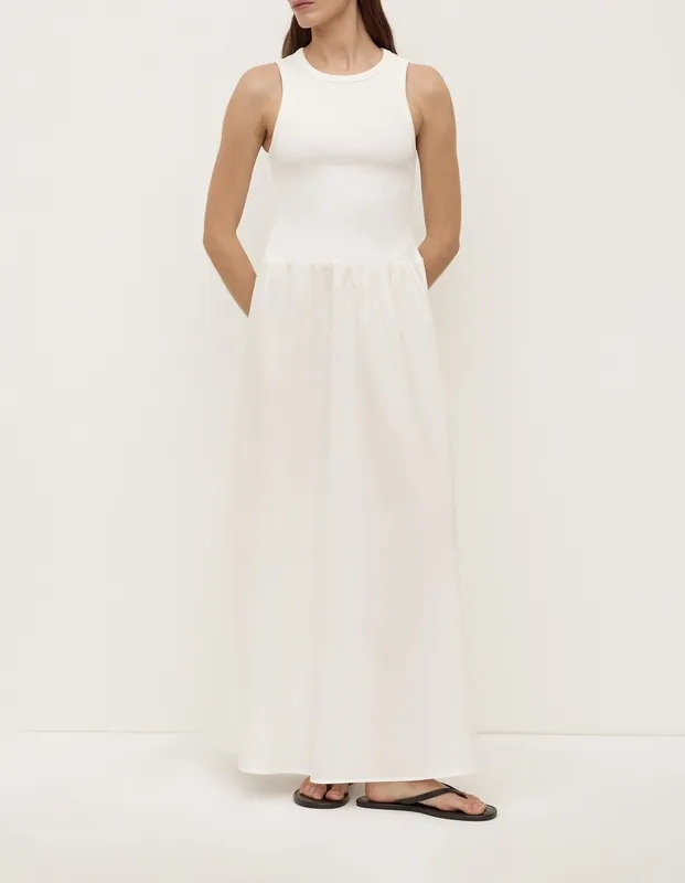 White Drop-Waist Cotton Maxi Dress