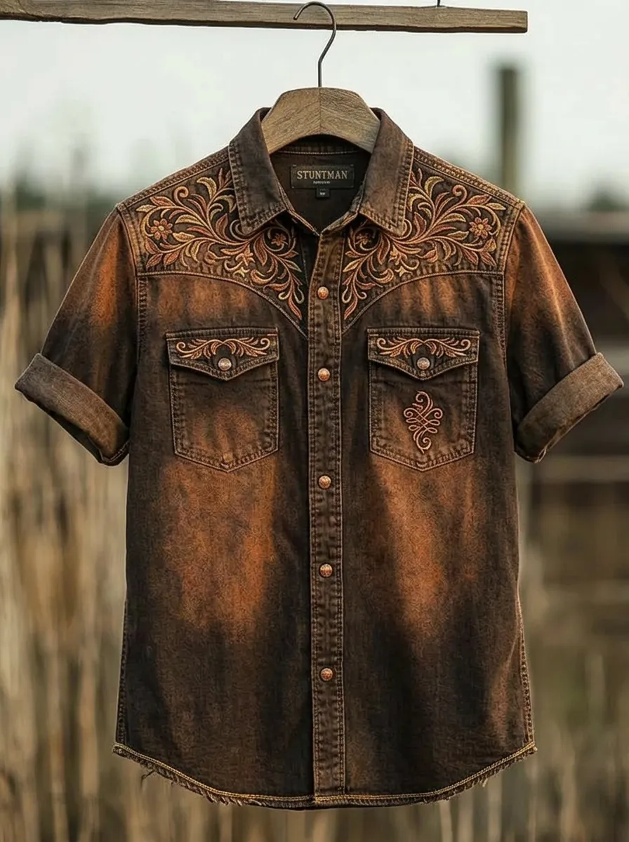 Men's Western Style Floral Embroidery Distressed Printed Shirt
