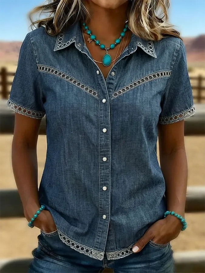 Women's Western Style Retro Solid Color Casual Hollow Denim Shirt