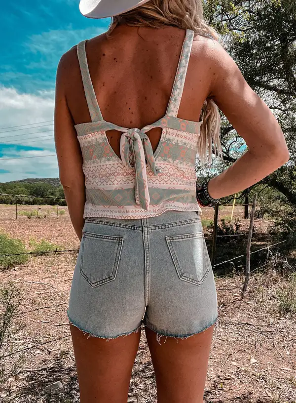 Western Print Tie Back Spaghetti Strap Tank Top