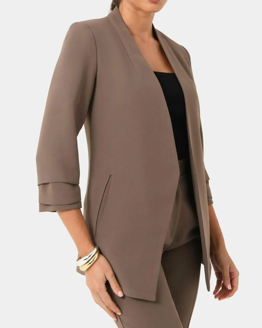 Crepe Textured Fabric Collarless Blazer -Sepia